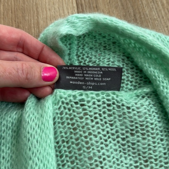 Wooden Ships Sea Foam Blue Green Open Wool Blend Crocheted Cardigan Small/Medium - Picture 5 of 7